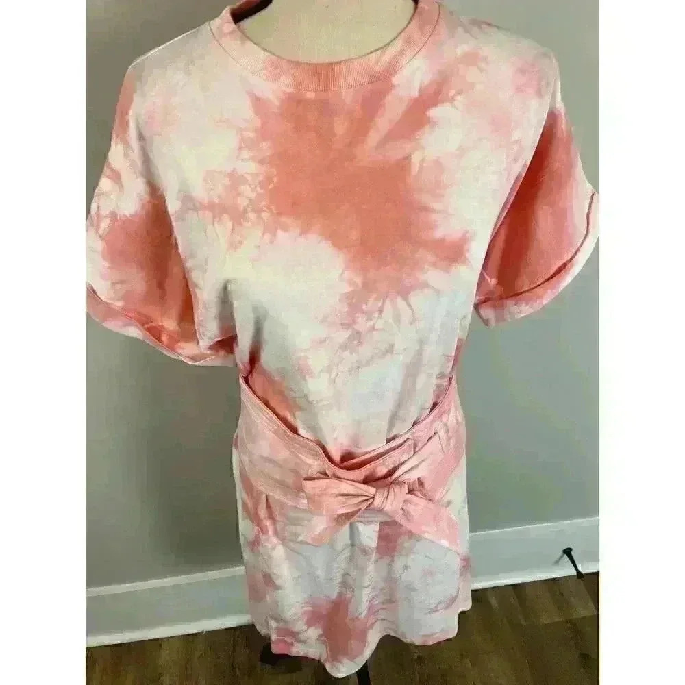 Rebecca Minkoff Tie Dye Pink T-Shirt Beach Dress With Belt Bow Rolled Sleeves XS - Picture 3 of 12